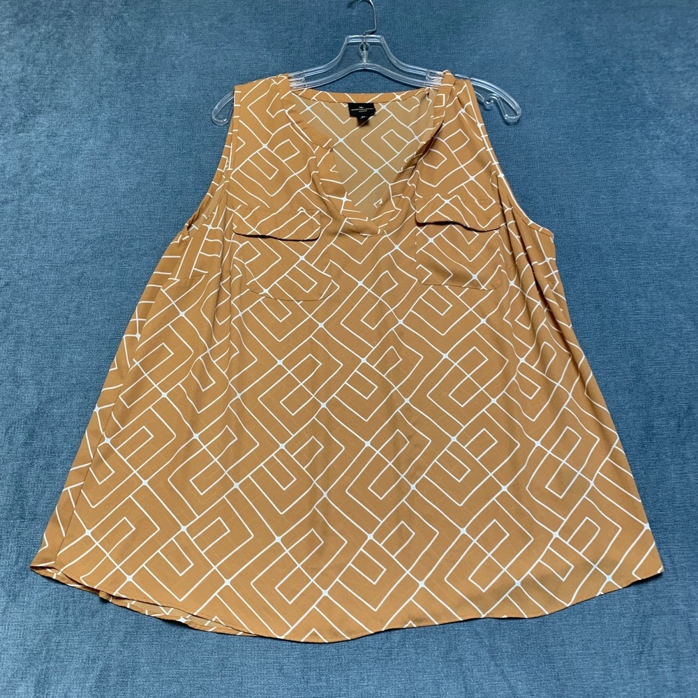 Worthington Popover Tank Top Women 0X Brown Geometric Print Maze V Neck Pockets